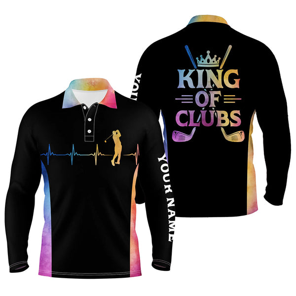 King Of Clubs Golf Polo Shirts Custom Name Heartbeat Black Golf Shirts For Men, Colorful Golf Tops LDT0183