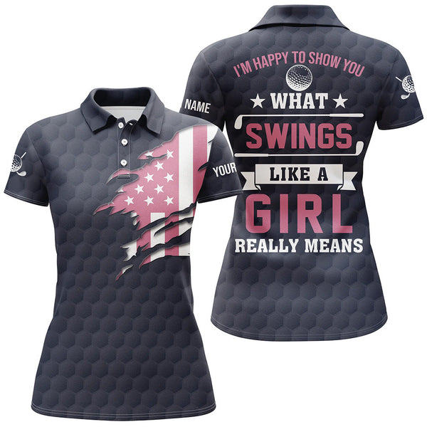 Im Happy To Show You What Swings Like A Girl Pink American Flag Patriotic Womens Golf Tops LDT0427
