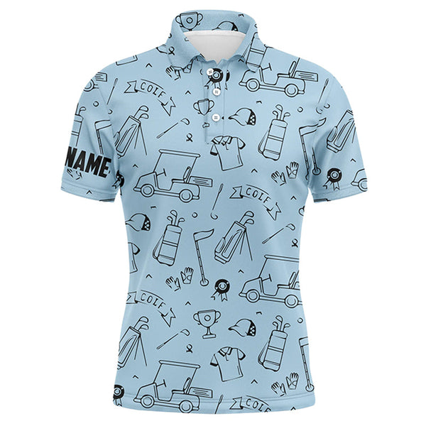 Golf Equipment Pattern Mens Polo Golf Shirts, Custom Name Sky Blue Best Golf Shirts For Men LDT0049