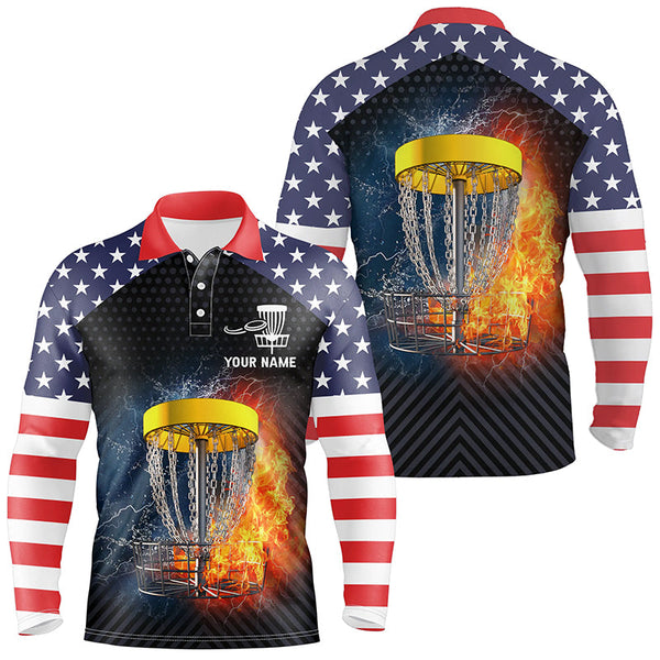 Fire And Water Disc Golf Mens Polo Shirts, American Flag Disc Golf Shirts For Men, Patriotic Gifts LDT0159