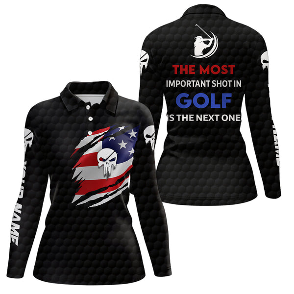 Patriotic American Flag Golf Polo Shirts Custom Name Skull Golf Shirts For Women Golfing Gift LDT0235