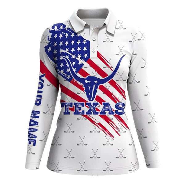 Texas Flag Longhorn Womens Golf Polo Shirts, Custom Patriotic Golf Shirts For Women, Best Golf Gifts LDT0071