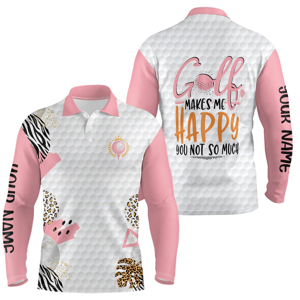Golf Makes Me Happy Pink White Mens Golf Polo Shirt Custom Leopard Pattern Cute Golf Tops For Men LDT0892
