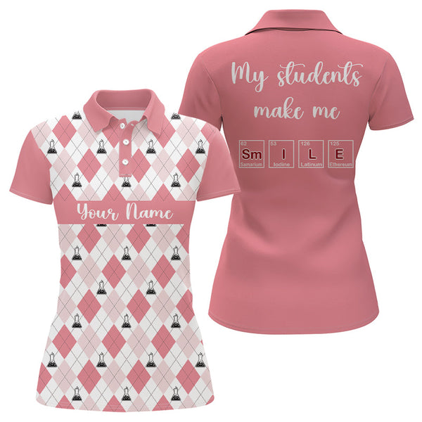 Science Pink Argyle Pattern, My Students Make Me Smile Women Golf Polo Shirt Custom Name Golf Gifts LDT0007