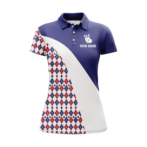Custom Bowling Shirt for Women, Blue Argyle Bowling Jersey with Name League Ladies Polo Shirt NBP175