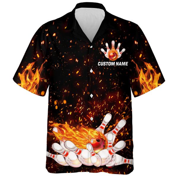 Flame Hawaiian Bowling Shirt, Personalized Team Bowlers Jersey Short Sleeve Button Down Fire Bowling NBH65