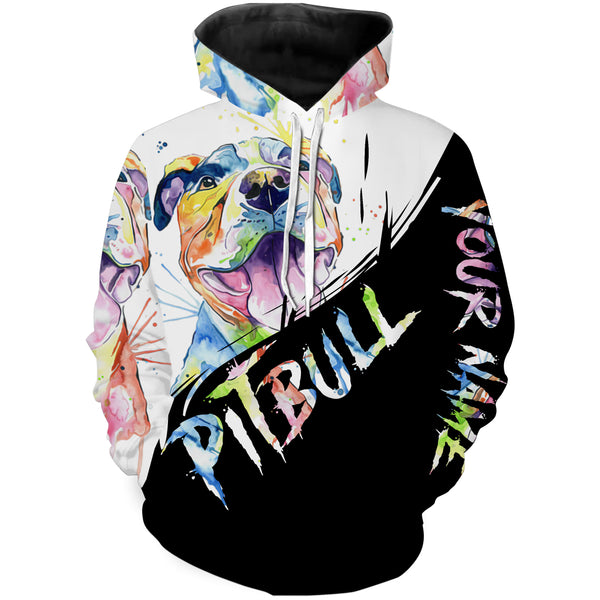 Watercolor Pitbull Long Sleeve Hoodie T-shirt| All Over Print Custom Pitbull Shirt for Pitbull Lover| JTSD301