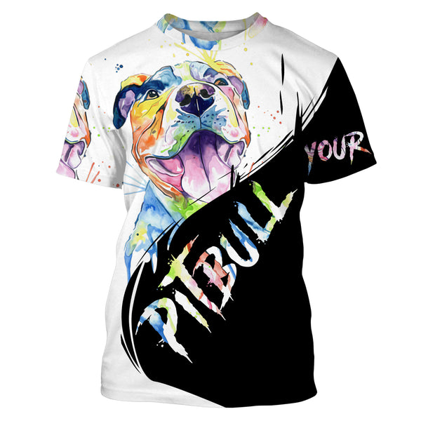 Watercolor Pitbull Long Sleeve Hoodie T-shirt| All Over Print Custom Pitbull Shirt for Pitbull Lover| JTSD301