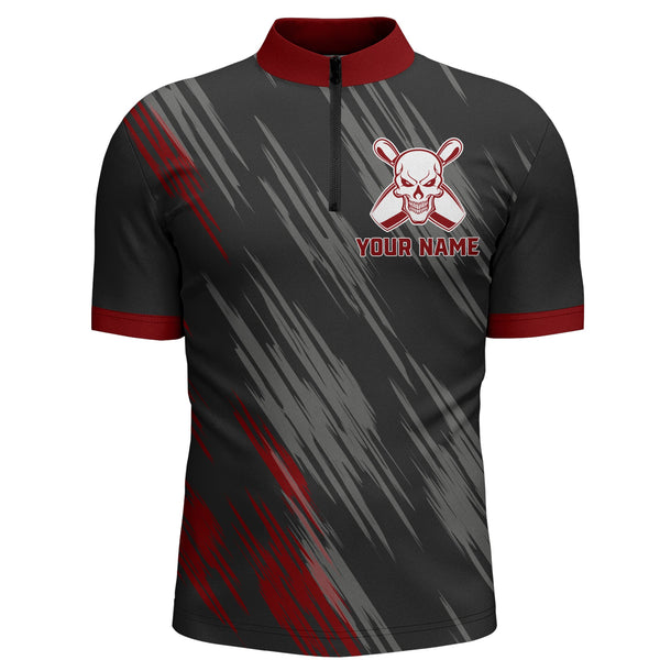 Skull Bowling Quarter-Zip Shirt For Men Black&Red Bowling Jersey Bowling Team Shirt BDT158