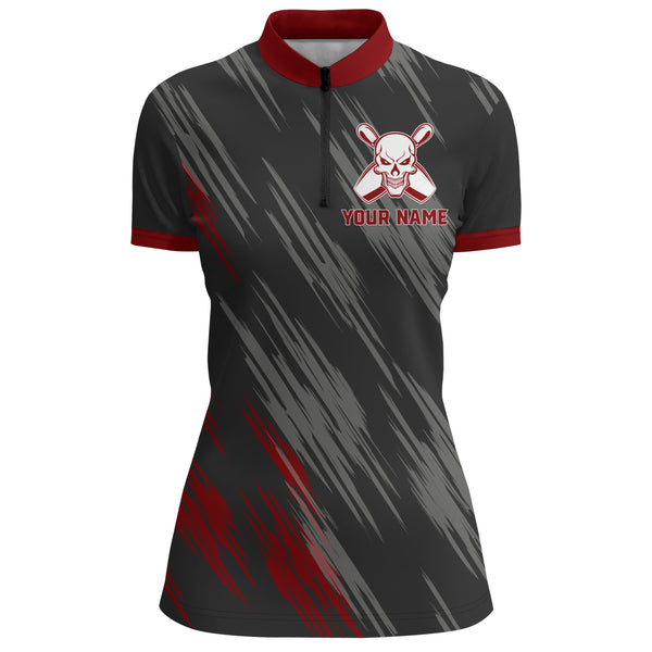 Skull Bowling Quarter-Zip Shirt For Women Black&Red Bowling Jersey Bowling Team Shirt BDT159