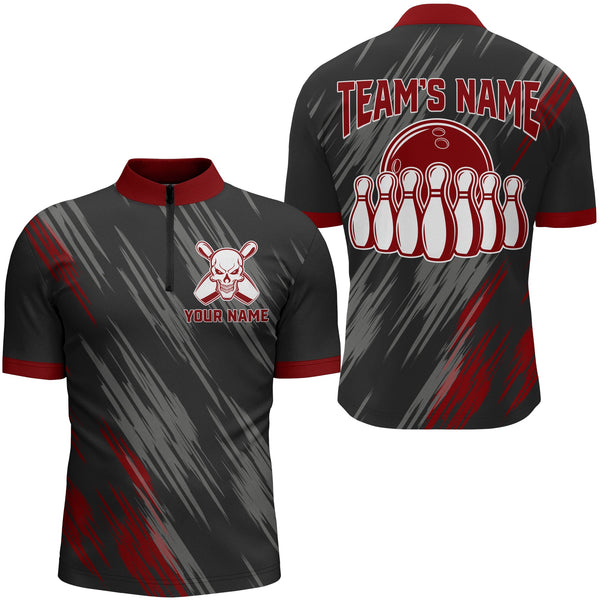 Skull Bowling Quarter-Zip Shirt For Men Black&Red Bowling Jersey Bowling Team Shirt BDT158