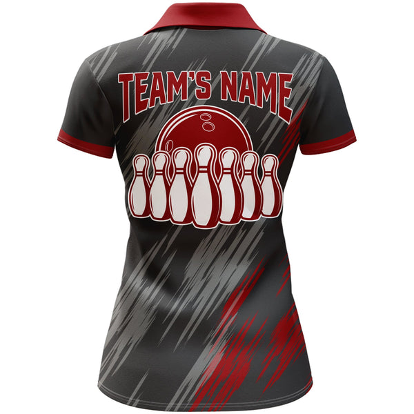 Skull Bowling Polo Shirt For Women Black&Red Bowling Jersey Ladies Bowling Team Shirt BDT157