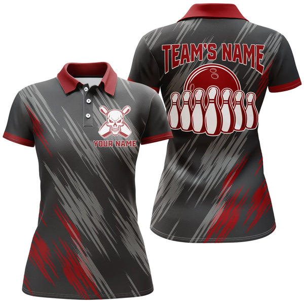 Skull Bowling Polo Shirt For Women Black&Red Bowling Jersey Ladies Bowling Team Shirt BDT157