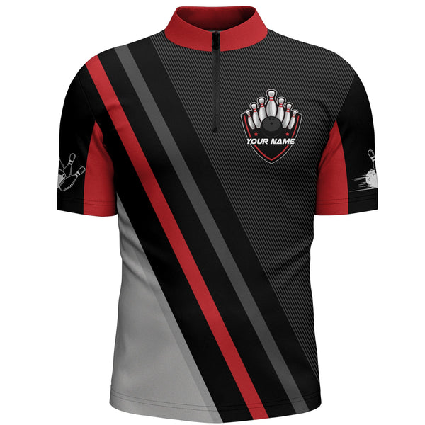 Black&Red Bowling Quarter-Zip Shirt For Men Vintage Bowling Team Jersey Custom Bowling Shirt BDT182