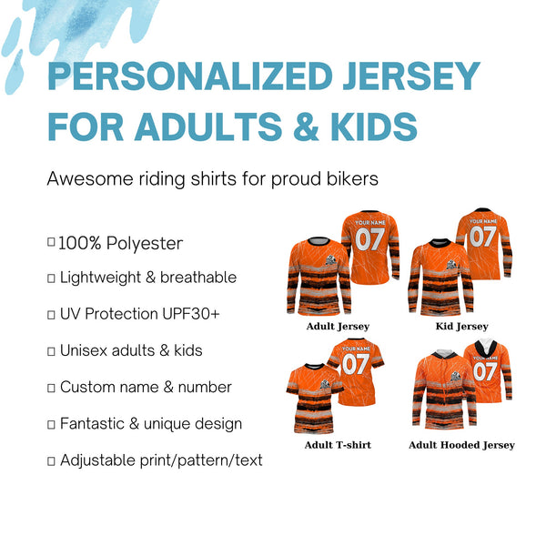 Custom motocross jersey orange tire track dirt bike UPF30+ kids men women motorcycle off-road NMS1032