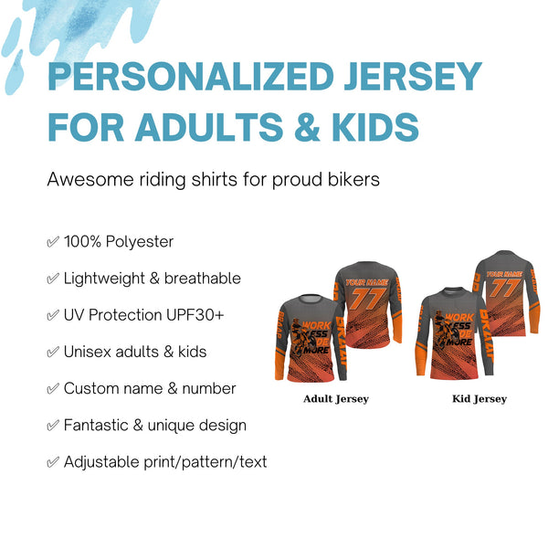 Kid&Adult Custom Motocross Jersey UPF30+ Orange Dirt Bike MX Racing Work Less Ride More NMS1230