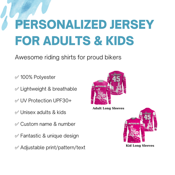 MotoGirl Personalized Jersey UPF30+ Pink Dirt Bike Racing Motocross Off-road Long Sleeves NMS1179
