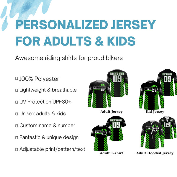 Green Motocross jersey custom kid men women UPF30+ dirt bike riding extreme MX shirt motorcycle PDT96
