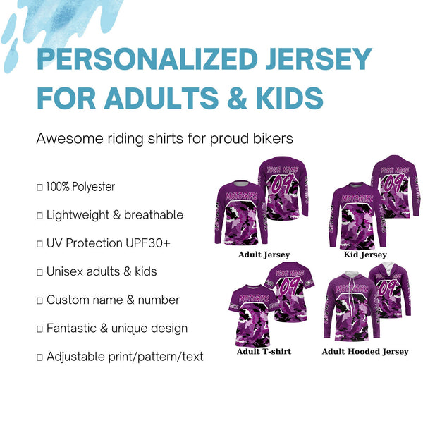 Motogirl purple camo custom motocross jersey UPF30+ girls women dirt bike Powersports long sleeves NMS1038