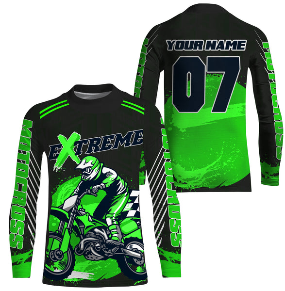 Personalized green UPF30+ Motocross riding jersey for kid men women racing off-Road motorcycle PDT11