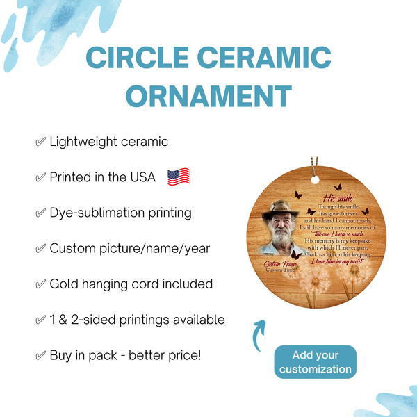 His smile ornament, personalized picture memorial Christmas gift, sympathy poem ornament for loss| ONT115