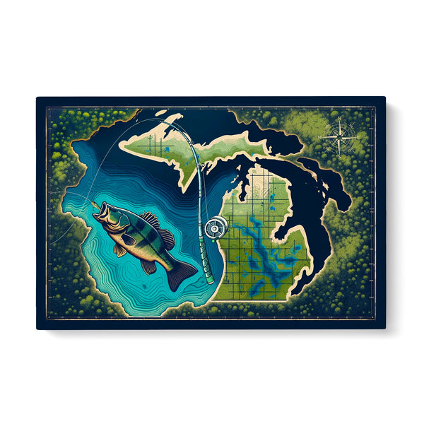 Michigan map art bass fishing canvas for bass fisherman